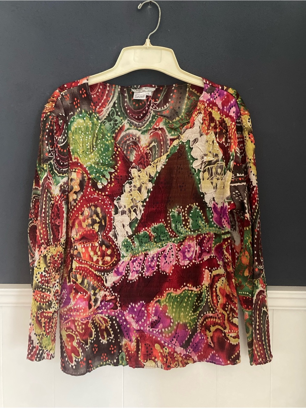 Alberto Makali Paisley Crinkle Long Sleeve Top L Multicolor Boho Y2K